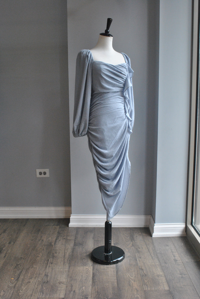 DUSTY BLUE MIDI FIT DRESS WITH STATEMENT SLEEVES