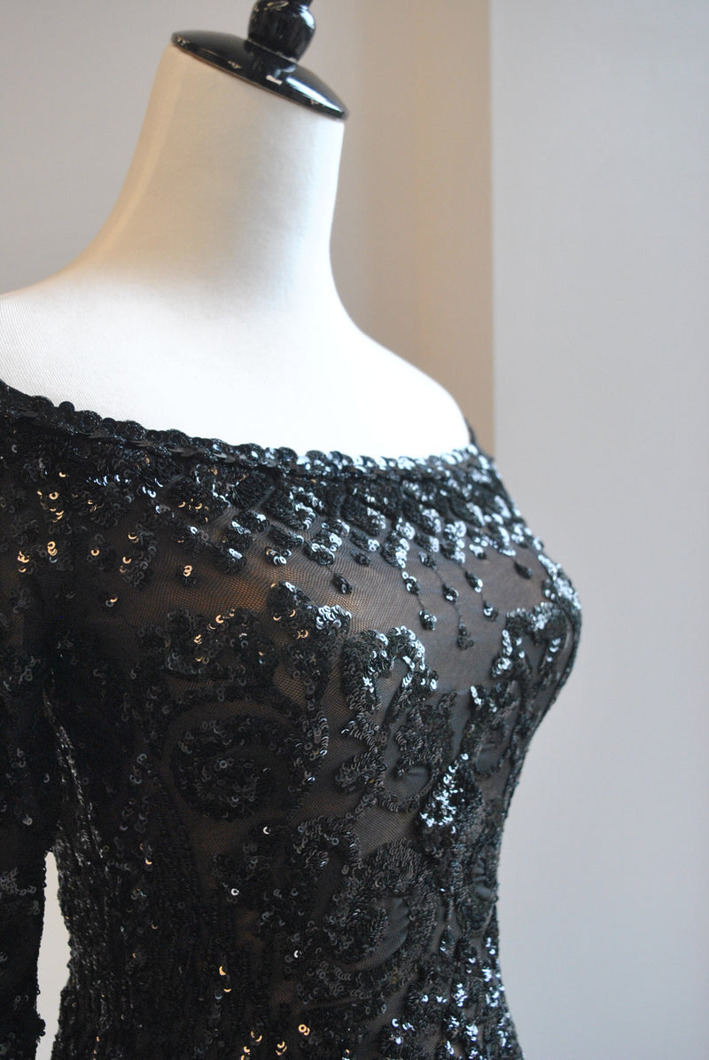 BLACK SEQUINS OFF THE SHOULDER EVENING GOWN