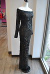 BLACK SEQUINS OFF THE SHOULDER EVENING GOWN