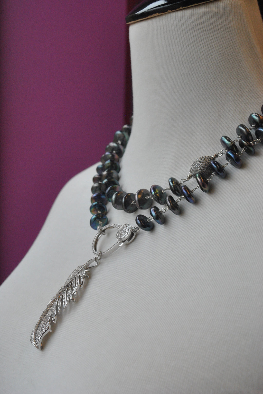 PEACOCK FRESHWATER PEARLS LONG STATEMENT NECKLACE WITH FEATHER PENDANT