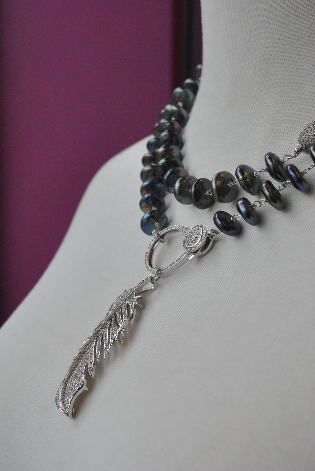 PEACOCK FRESHWATER PEARLS LONG STATEMENT NECKLACE WITH FEATHER PENDANT
