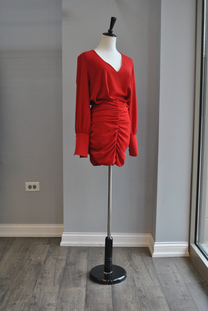 RED MINI PARTY DRESS WITH RUSHING