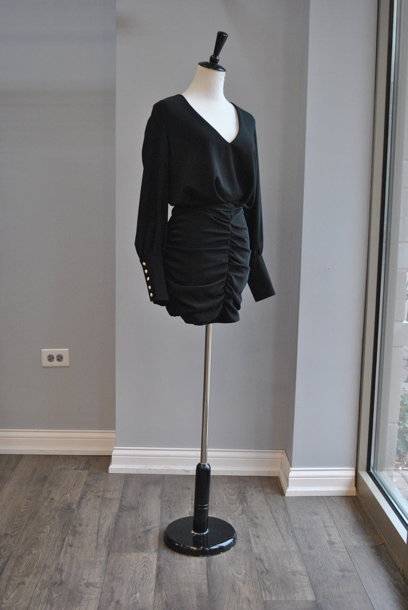 BLACK MINI PARTY DRESS WITH RUSHING