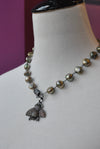 OLIVE GREEN FRESHWATER PEARLS NECKLACE WITH A BEE PENDANT