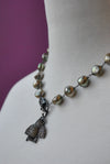 OLIVE GREEN FRESHWATER PEARLS NECKLACE WITH A BEE PENDANT