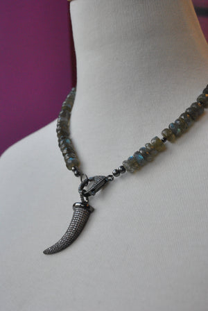NATURAL LABRADORITE AND RHINESTONE PENDANT NECKLACE