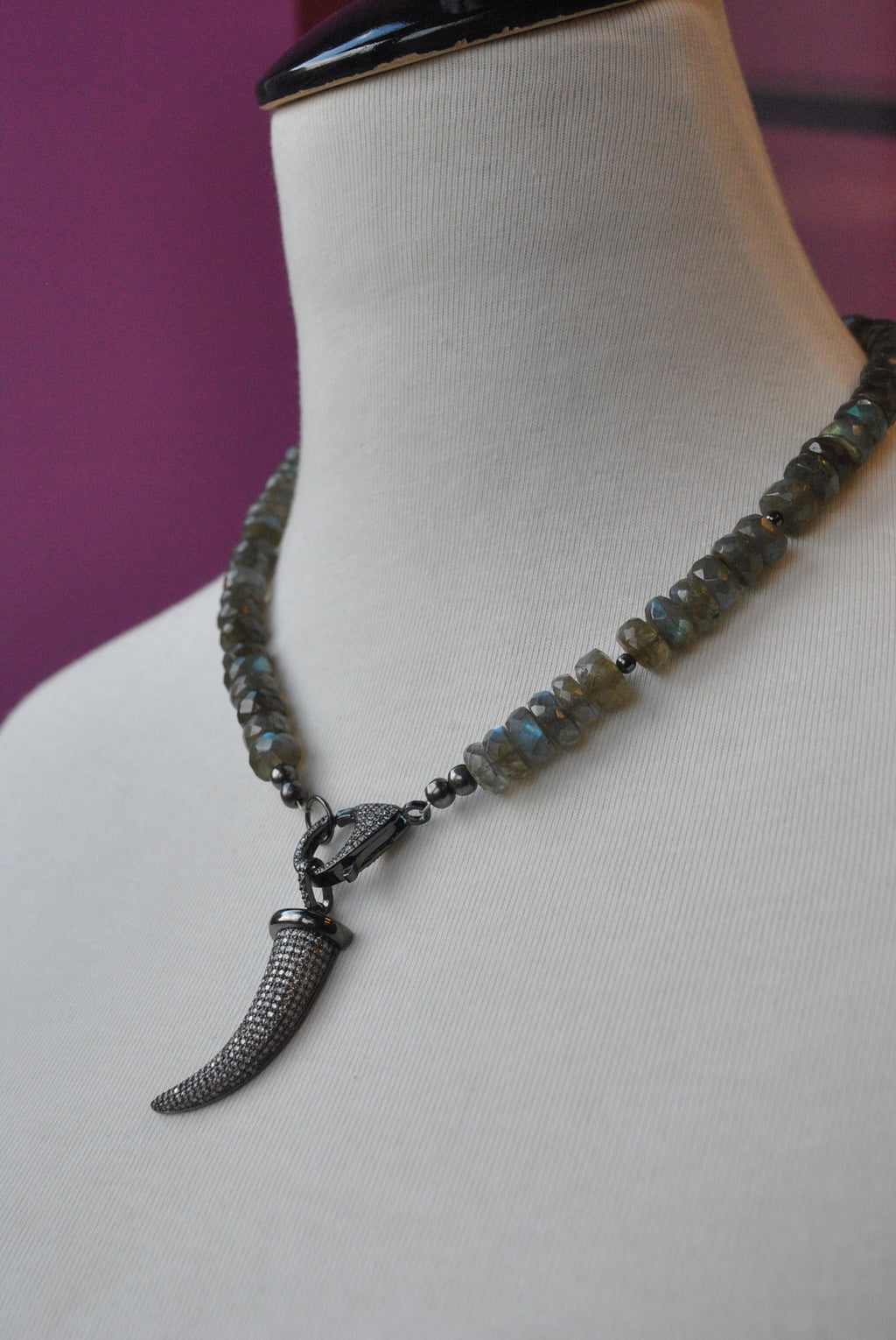 NATURAL LABRADORITE AND RHINESTONE PENDANT NECKLACE