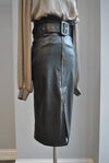 BLACK FAUX LEATHER HIGH WAISTED PENCIL SKIRT WITH A ZIPPER AND A BELT