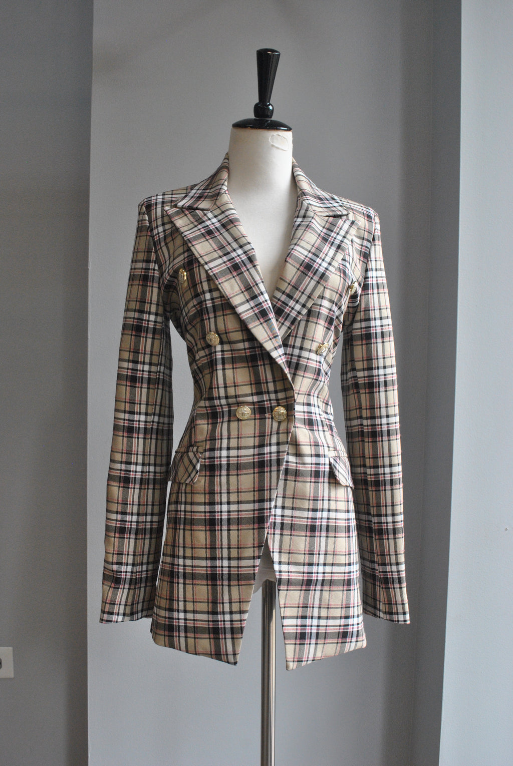 TAUPE AND PINK PLAID DOUBLE BREASTED BLAZER
