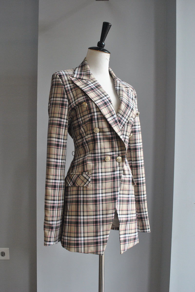 TAUPE AND PINK PLAID DOUBLE BREASTED BLAZER