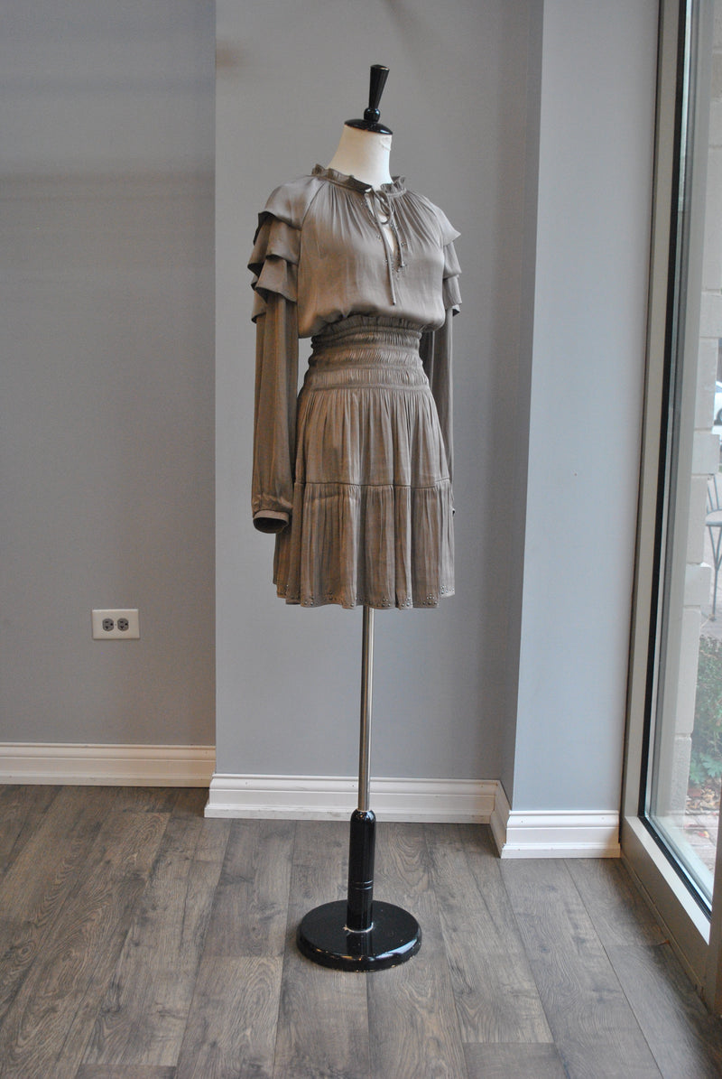 TAUPE SILKY SET OF MINI SKIRT AND A TOP WITH METAL  STUDS