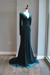 DARK GREEN / TEAL VELVER LONG GOWN WITH LONG SLEEVES AND SIDE CUT
