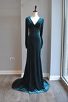 DARK GREEN / TEAL VELVER LONG GOWN WITH LONG SLEEVES AND SIDE CUT