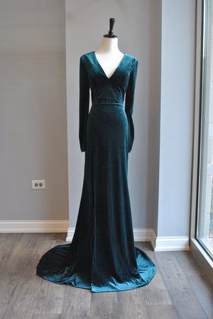 DARK GREEN / TEAL VELVER LONG GOWN WITH LONG SLEEVES AND SIDE CUT