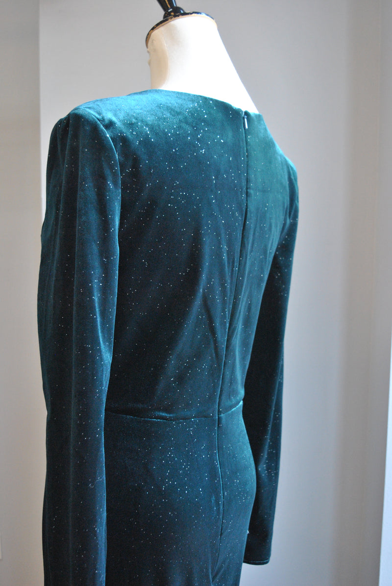 DARK GREEN / TEAL VELVER LONG GOWN WITH LONG SLEEVES AND SIDE CUT
