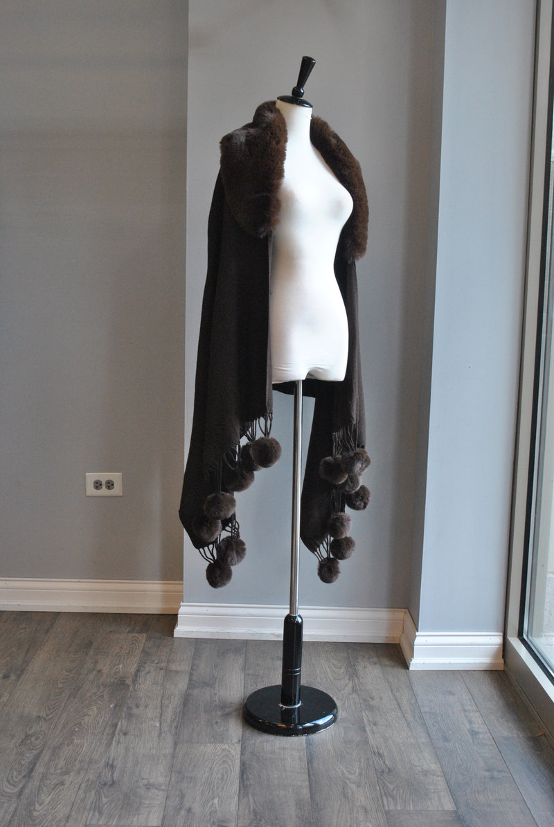 CHOCOLATE BROWN POM POM SHAWL WITH FAUX FUR