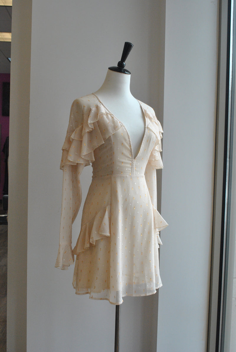 CLEARANCE - BEIGE AND GOLD A-LINE MINI DRESS WITH RUFFLE DETAILS