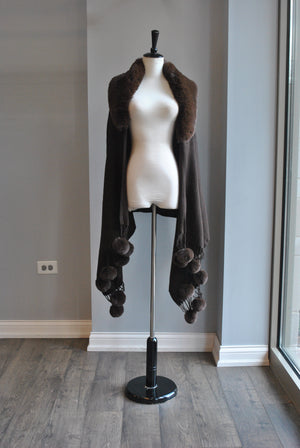 CHOCOLATE BROWN POM POM SHAWL WITH FAUX FUR