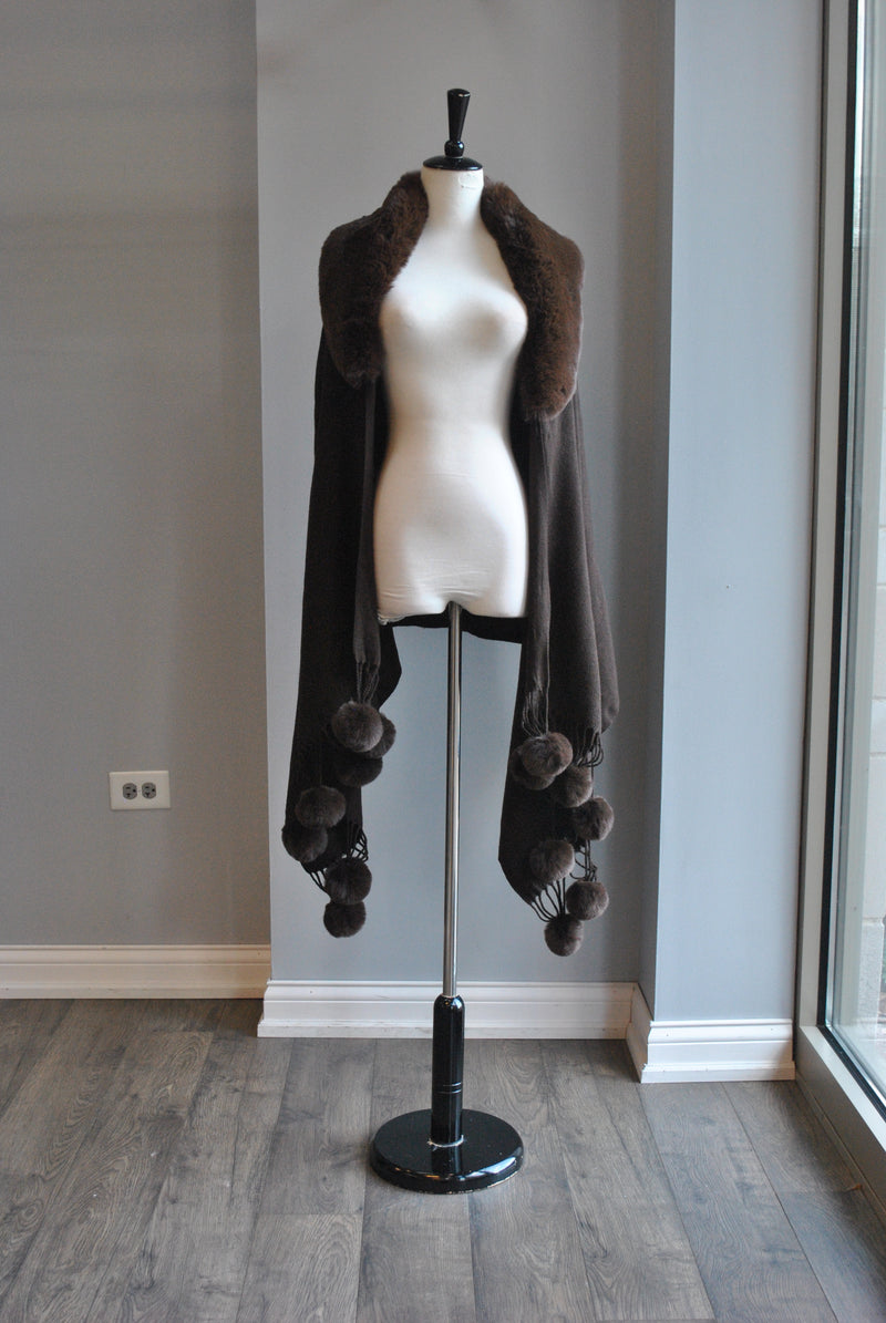 CHOCOLATE BROWN POM POM SHAWL WITH FAUX FUR