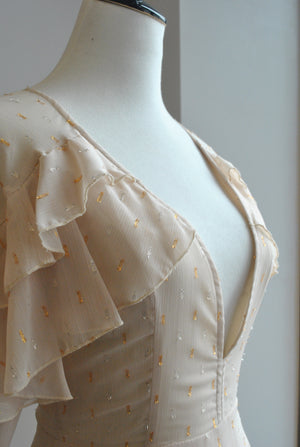 CLEARANCE - BEIGE AND GOLD A-LINE MINI DRESS WITH RUFFLE DETAILS