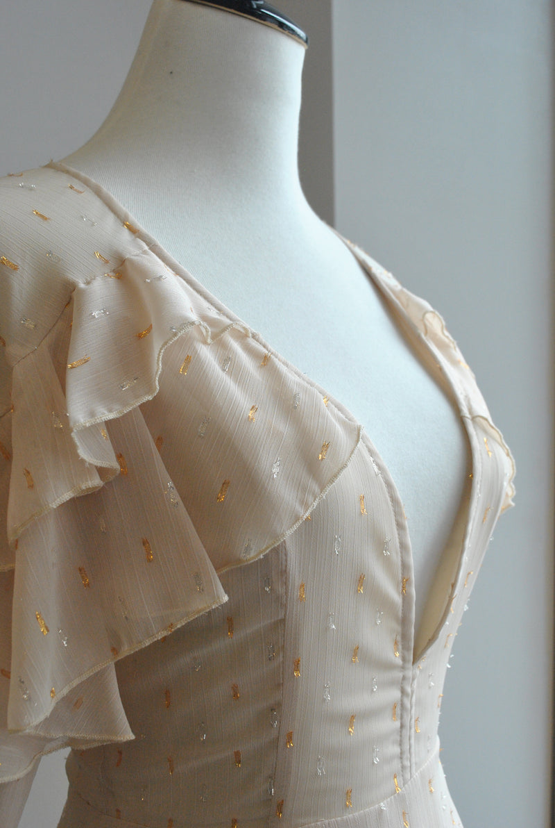 CLEARANCE - BEIGE AND GOLD A-LINE MINI DRESS WITH RUFFLE DETAILS