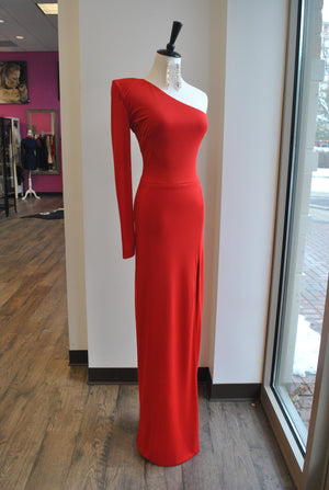 RED LONG ASYMMETRIC DRESS EVENING DRESS