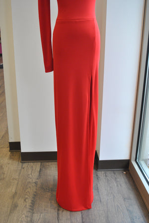 RED LONG ASYMMETRIC DRESS EVENING DRESS