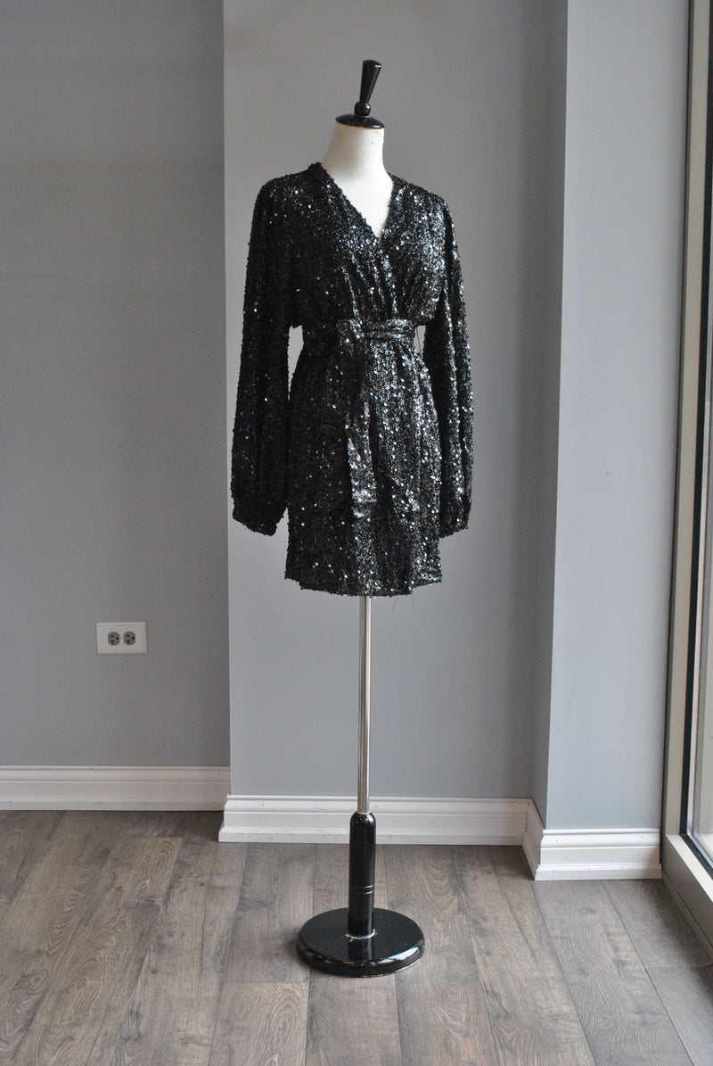 BLACK SEQUIN WRAP HOLIDAY DRESS