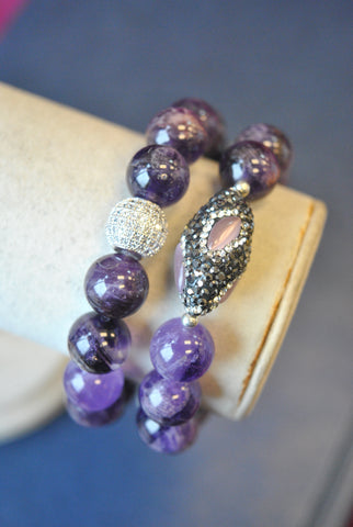 BLACK ONYX MOTHER OF PEARL AND SWAROVSKI CRYSTALS STRETCHY BRACELET