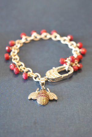 RUBY JADE AND RHINESTONES BEE CHARM BRACELET