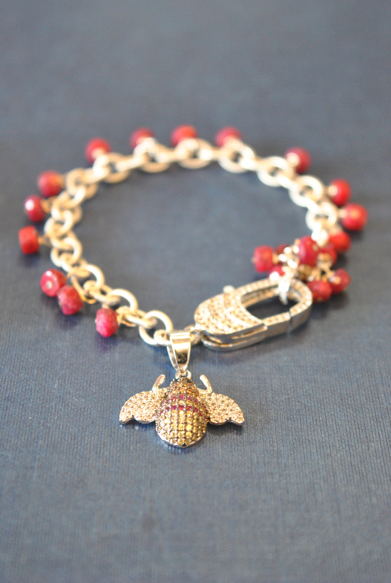 RUBY JADE AND RHINESTONES BEE CHARM BRACELET