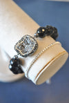 BLACK ONYX SILVER DRUZY AND SWAROVSKI CRYSTALS STRETCHY BRACELET SET