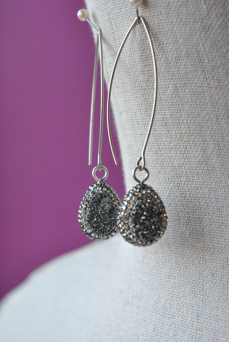 SILVER DRUZY AND SWAROVSKI CRYSTALS LONG STATEMENT EARRINGS