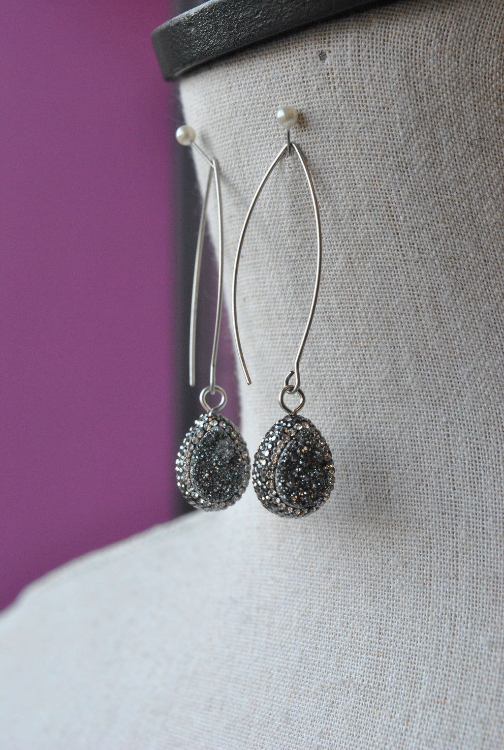 SILVER DRUZY AND SWAROVSKI CRYSTALS LONG STATEMENT EARRINGS