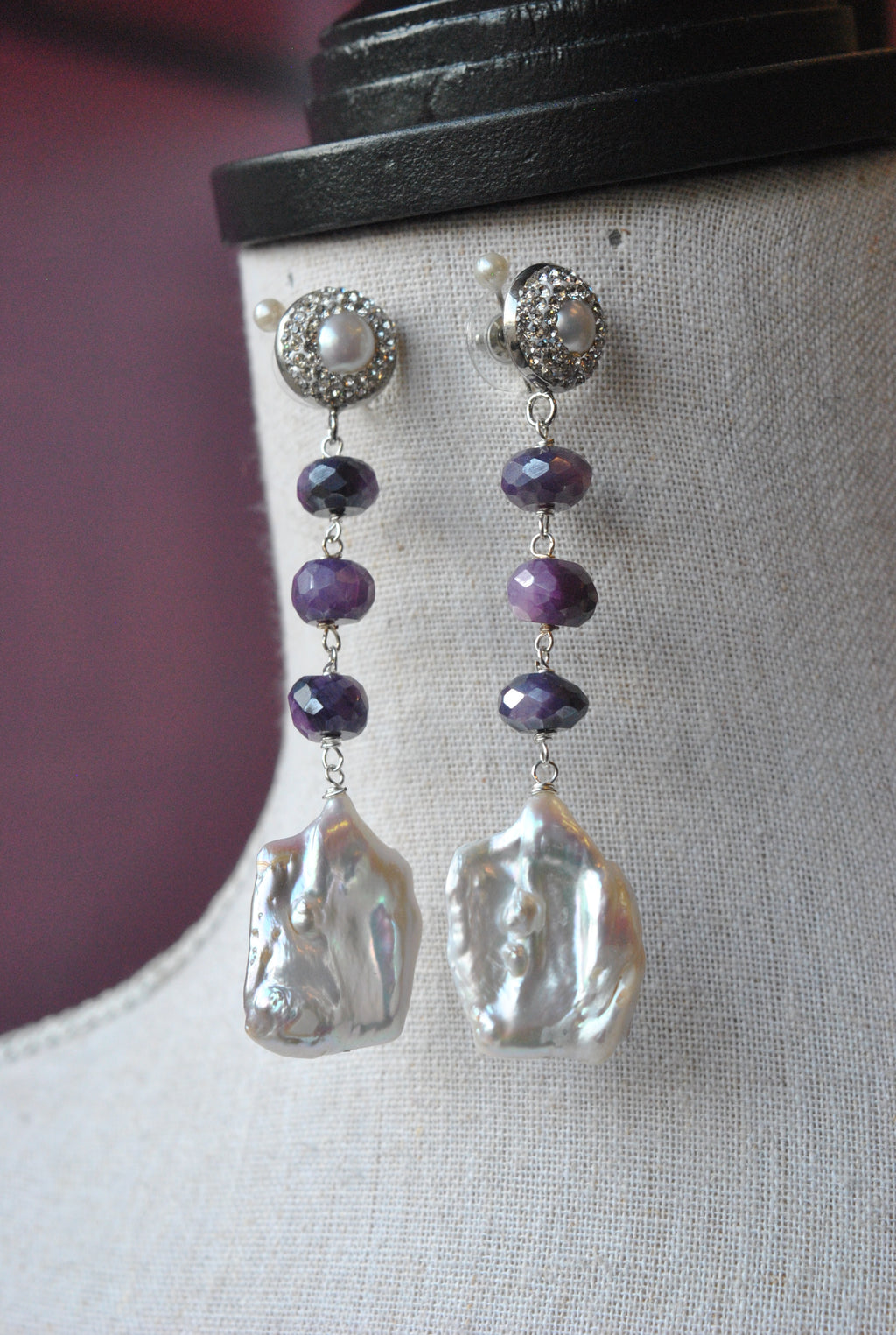 WHITE FRESHWATER PEARLS AND PURPLE MOONSTONE LONG STATEMENT EARRINGS