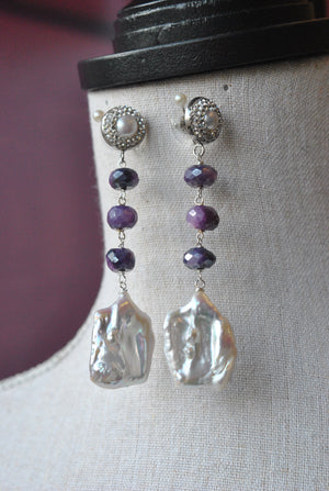WHITE FRESHWATER PEARLS AND PURPLE MOONSTONE LONG STATEMENT EARRINGS