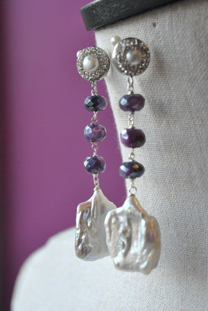 WHITE FRESHWATER PEARLS AND PURPLE MOONSTONE LONG STATEMENT EARRINGS
