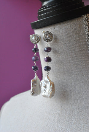 WHITE FRESHWATER PEARLS AND PURPLE MOONSTONE LONG STATEMENT EARRINGS
