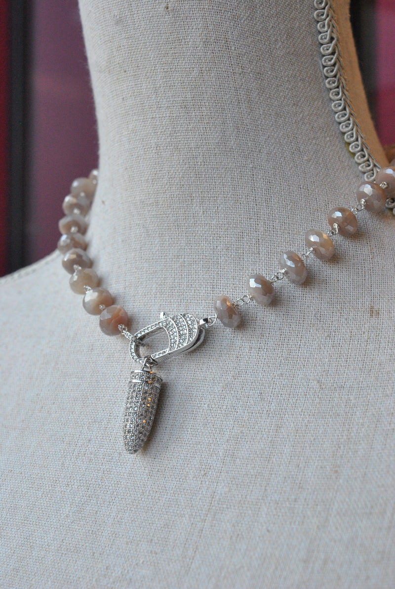 PEACH MOONSTONES CHOKER STYLE NECKLACE WITH DETACHABLE CHARM / DOUBLE BRACELET