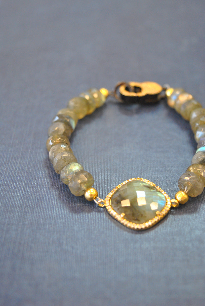 LABRADORITE AND RHINESTONES GOLD FINISH BRACELET