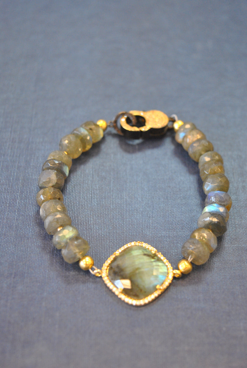 LABRADORITE AND RHINESTONES GOLD FINISH BRACELET