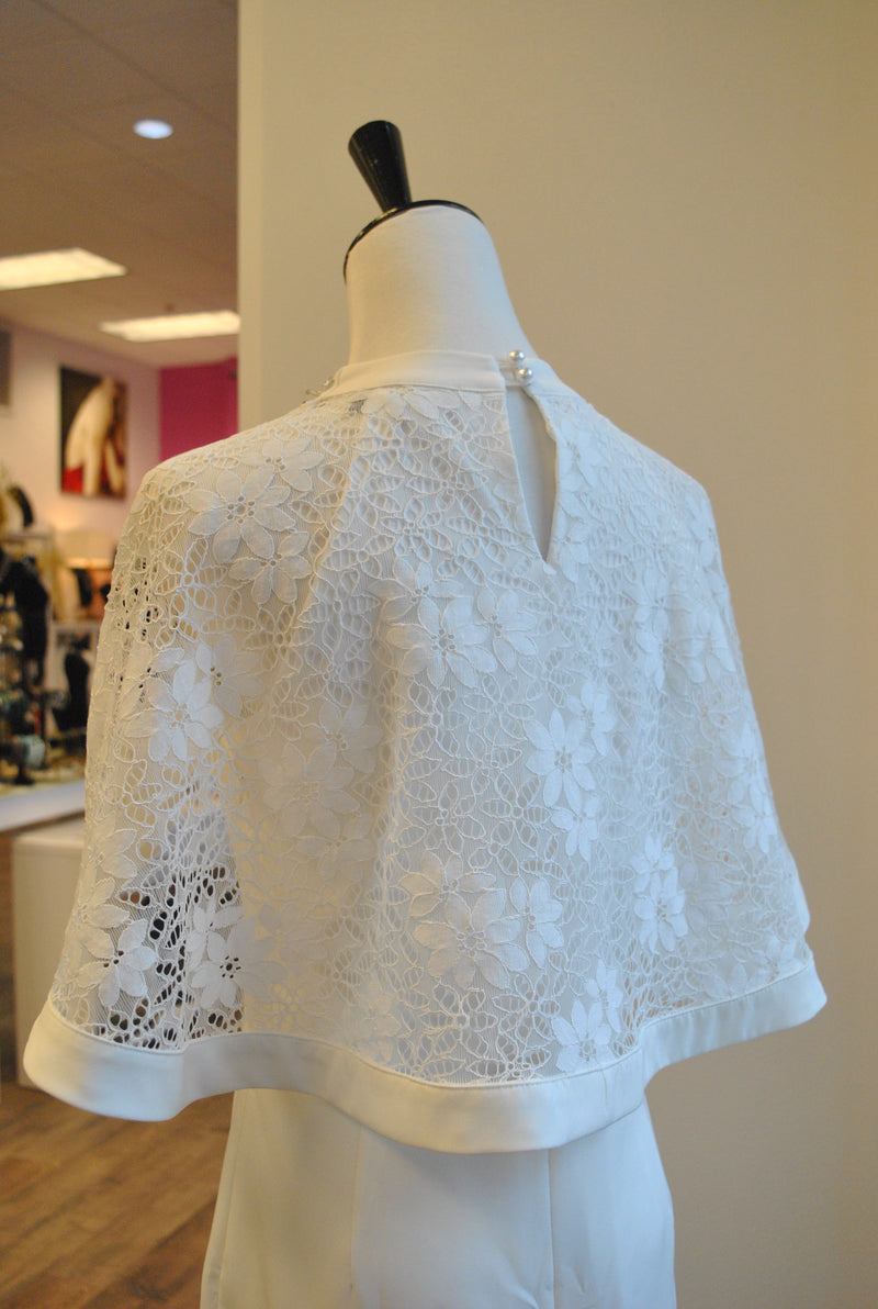 WHITE DRESS WITH LACE CAPE SLEEVES