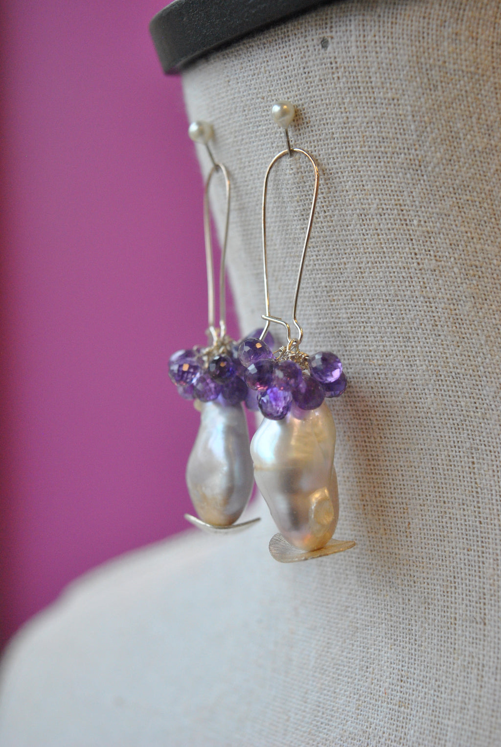 AMETHYST DROPS AND FRESHWATER JUMBO PEARLS LONG STATEMENT EARRINGS