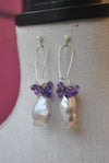 AMETHYST DROPS AND FRESHWATER JUMBO PEARLS LONG STATEMENT EARRINGS