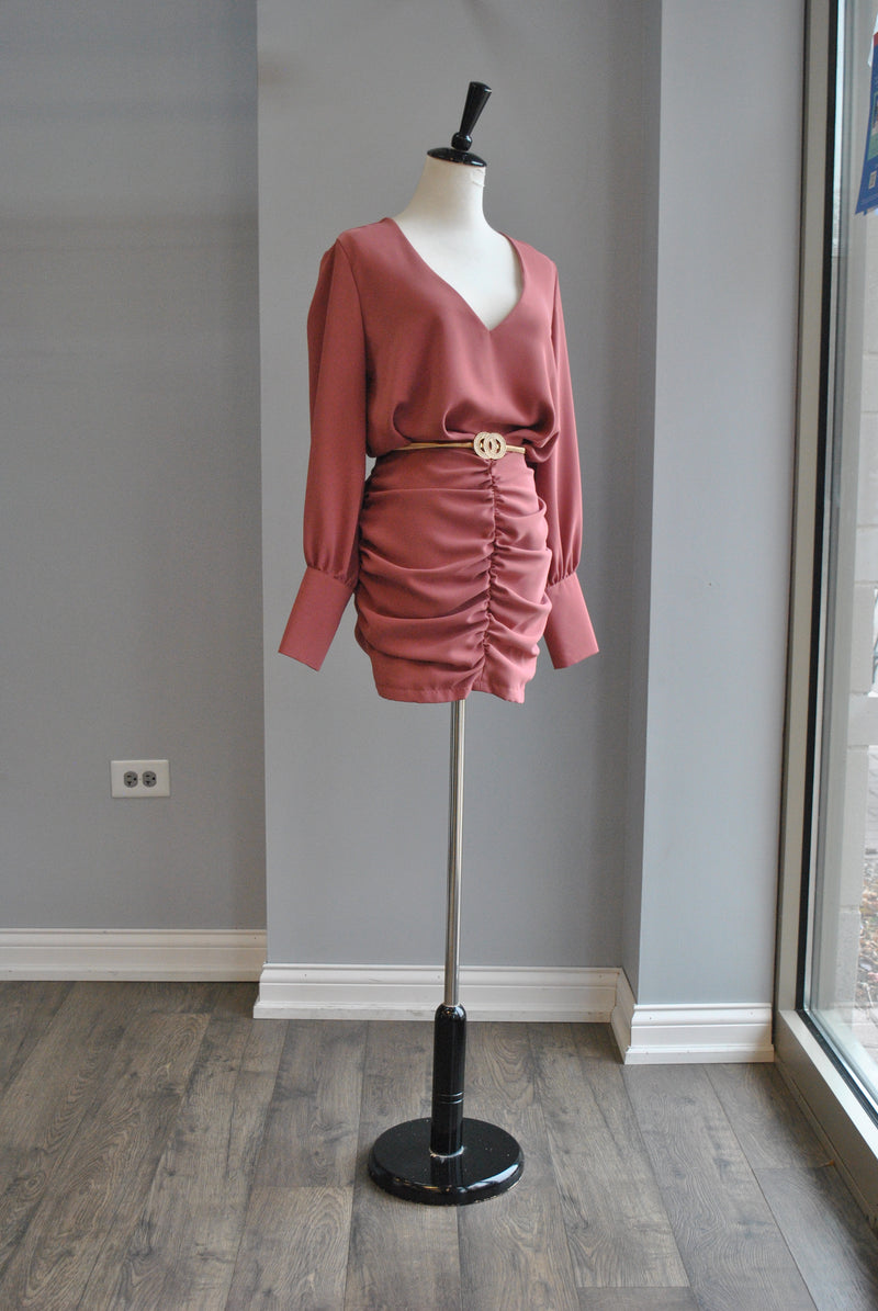 DUSTY PINK MINI DRESS WITH RUSHING