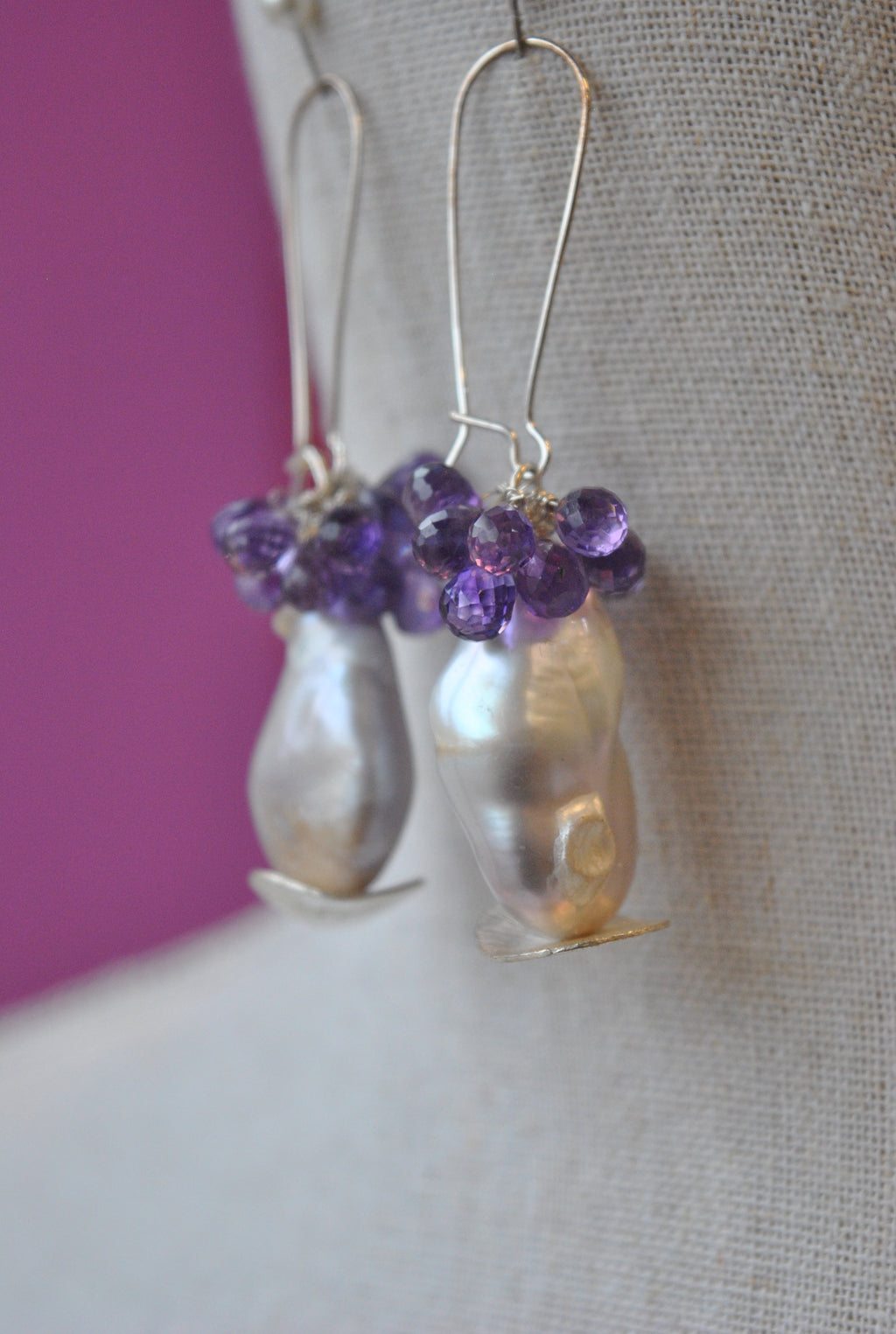 AMETHYST DROPS AND FRESHWATER JUMBO PEARLS LONG STATEMENT EARRINGS