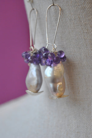 AMETHYST DROPS AND FRESHWATER JUMBO PEARLS LONG STATEMENT EARRINGS