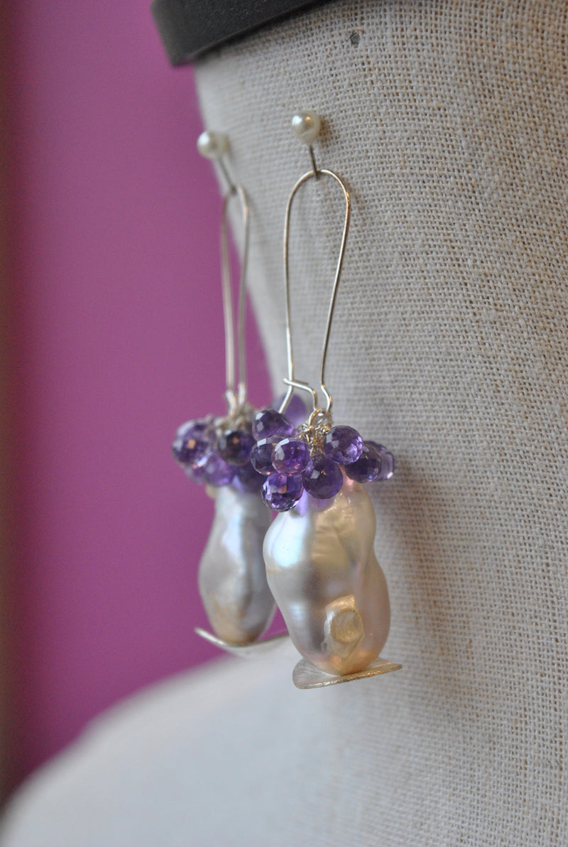 AMETHYST DROPS AND FRESHWATER JUMBO PEARLS LONG STATEMENT EARRINGS