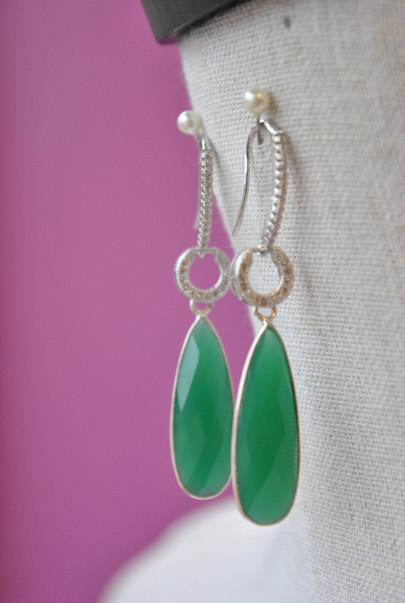 GREEN ONYX TEARDROPS AND RHINESTONES LONG EARRINGS