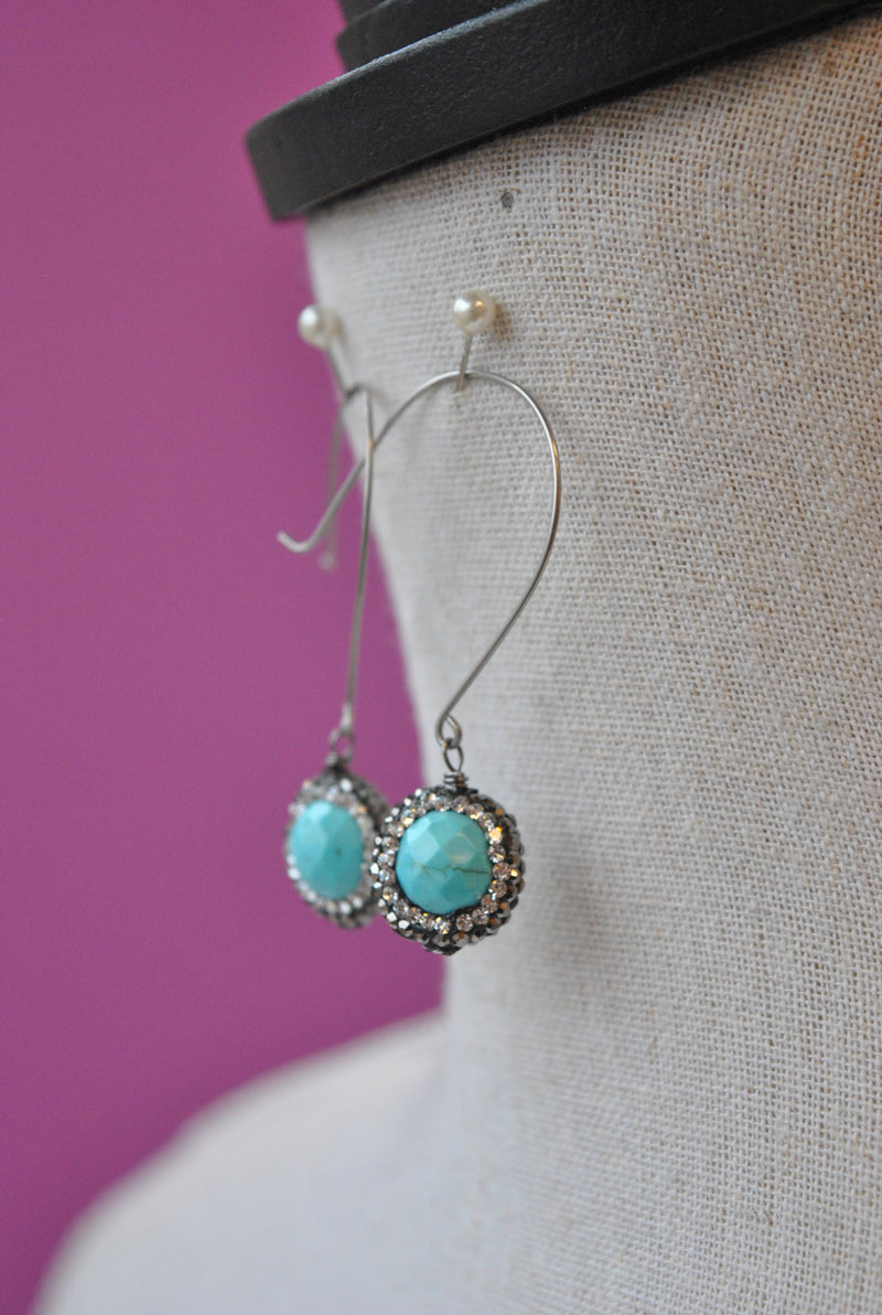 TURQUOISE HOWLITE AND SWAROVSKI CRYSTALS LONG EARRINGS
